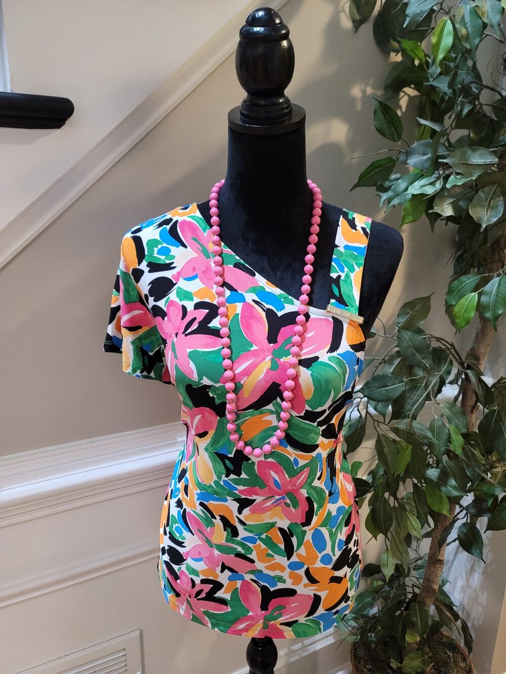 Nine West Blouse Top Women's Large Multicolor Tropical Floral One Shoulder Neck